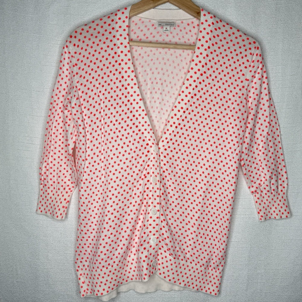 Gap Polka Dot Lightweight Cardigan 3/4 Sleeve‎ Cream w/ Neon Coral Womens XS